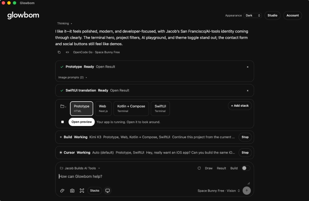 Glowbom Desktop running a Build agent and Cursor on the same project at the same time