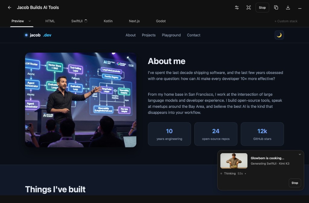The Glowbom Desktop result window with a live preview and tabs for each generated stack