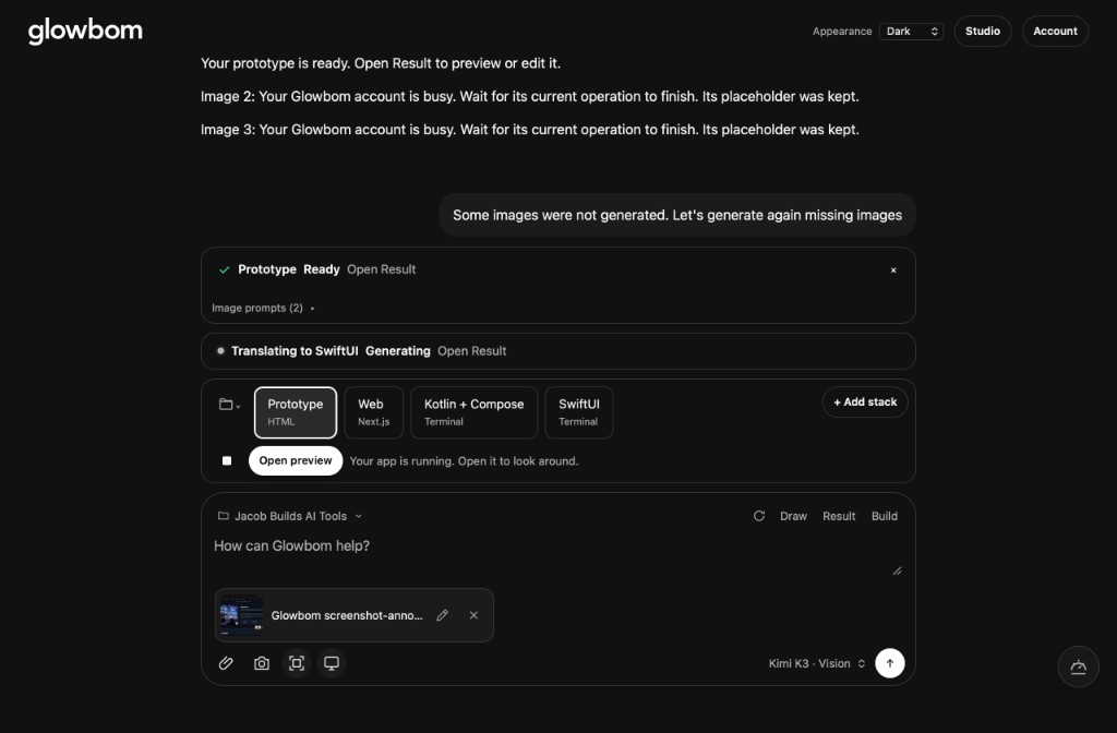 Glowbom Desktop showing project stacks for HTML, Next.js, Kotlin with Compose, and SwiftUI