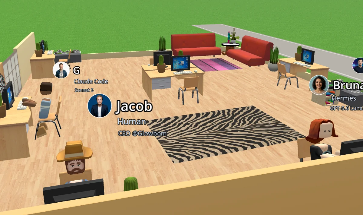 People and AI agents sharing a virtual office in Glowbom Live