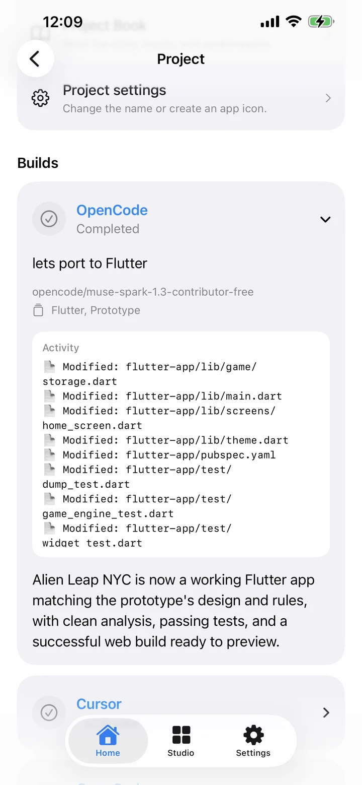 A completed OpenCode build in Glowbom, showing changed Flutter files and the build summary