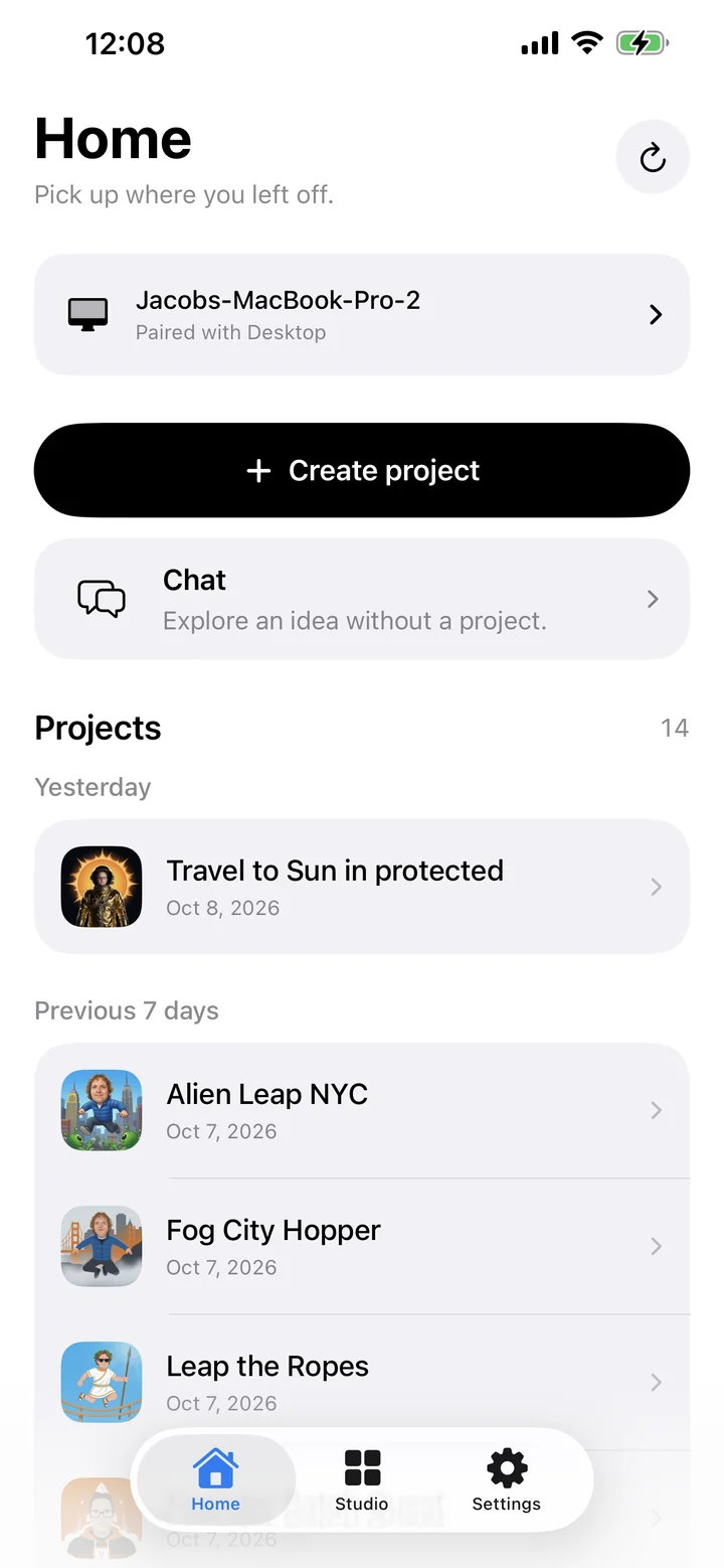Glowbom on iPhone with a paired Desktop, Create project, Chat, and recent projects