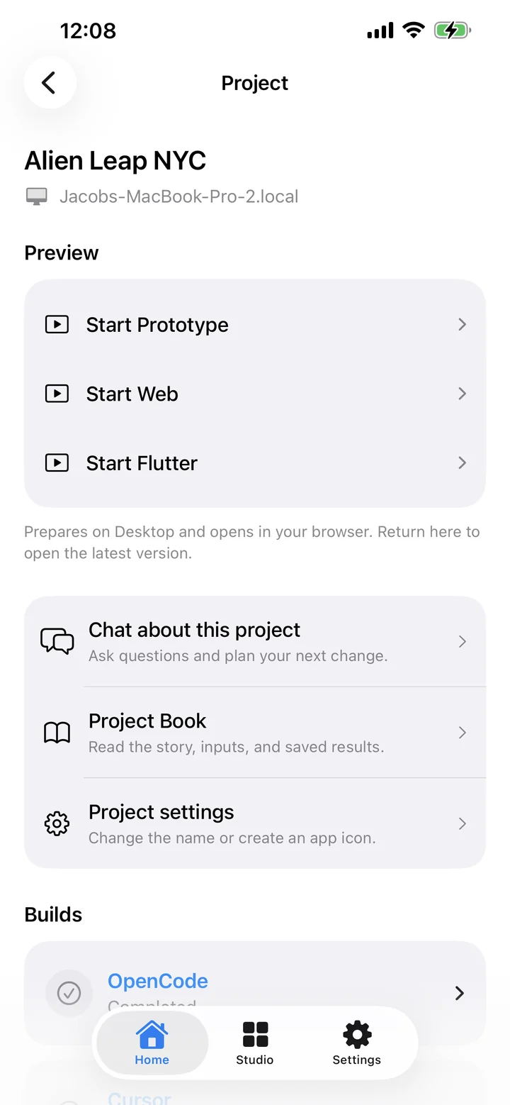 A Glowbom project on iPhone with previews, project chat, Project Book, and build history