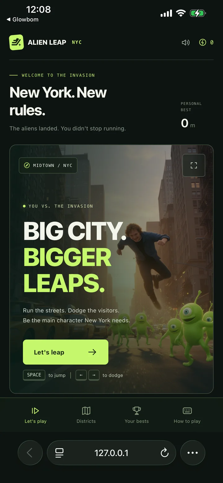 Alien Leap NYC, a game made with Glowbom, previewed in the iPhone browser